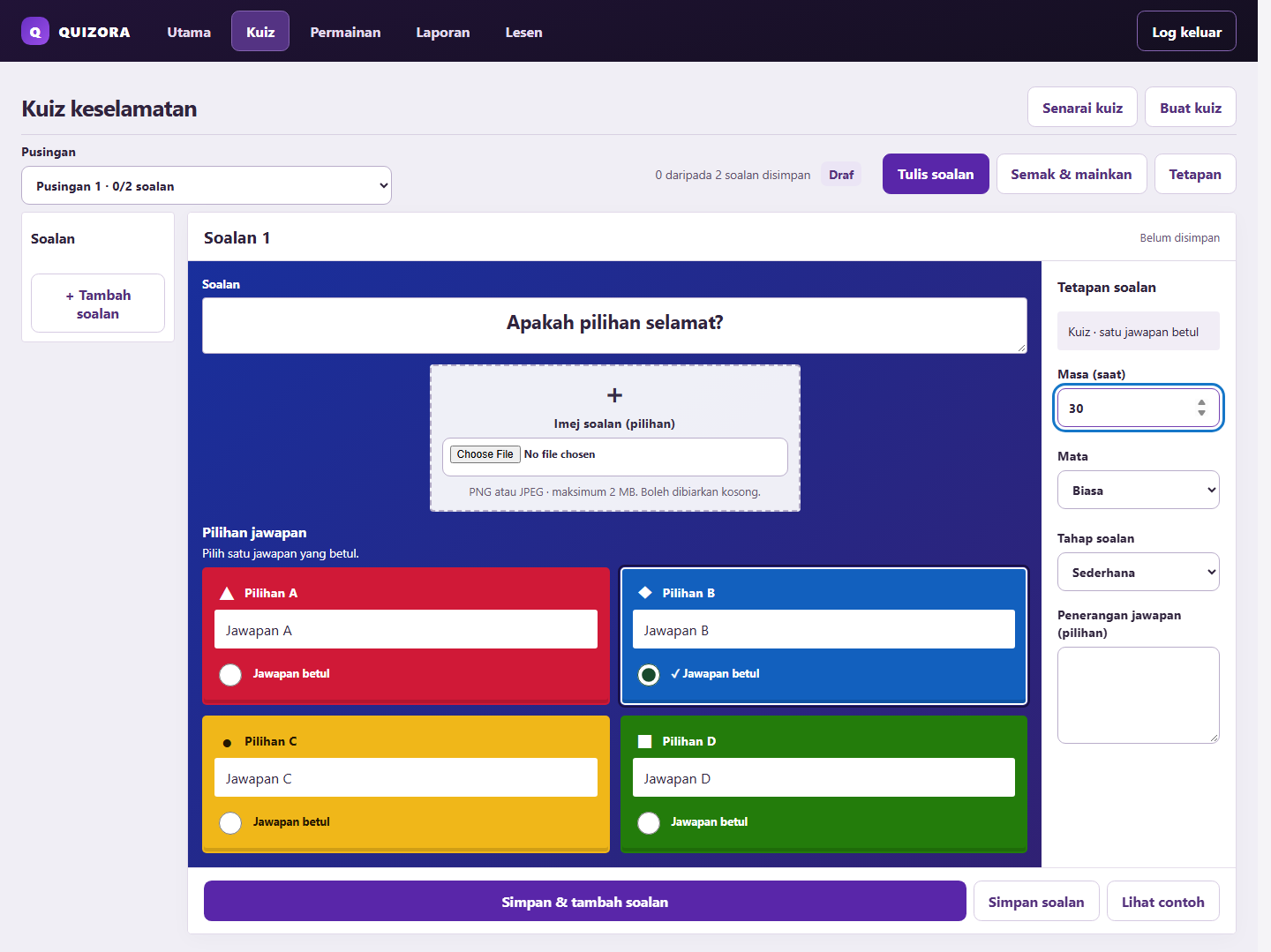 Quizora editor showing a question, four answer options and a time limit