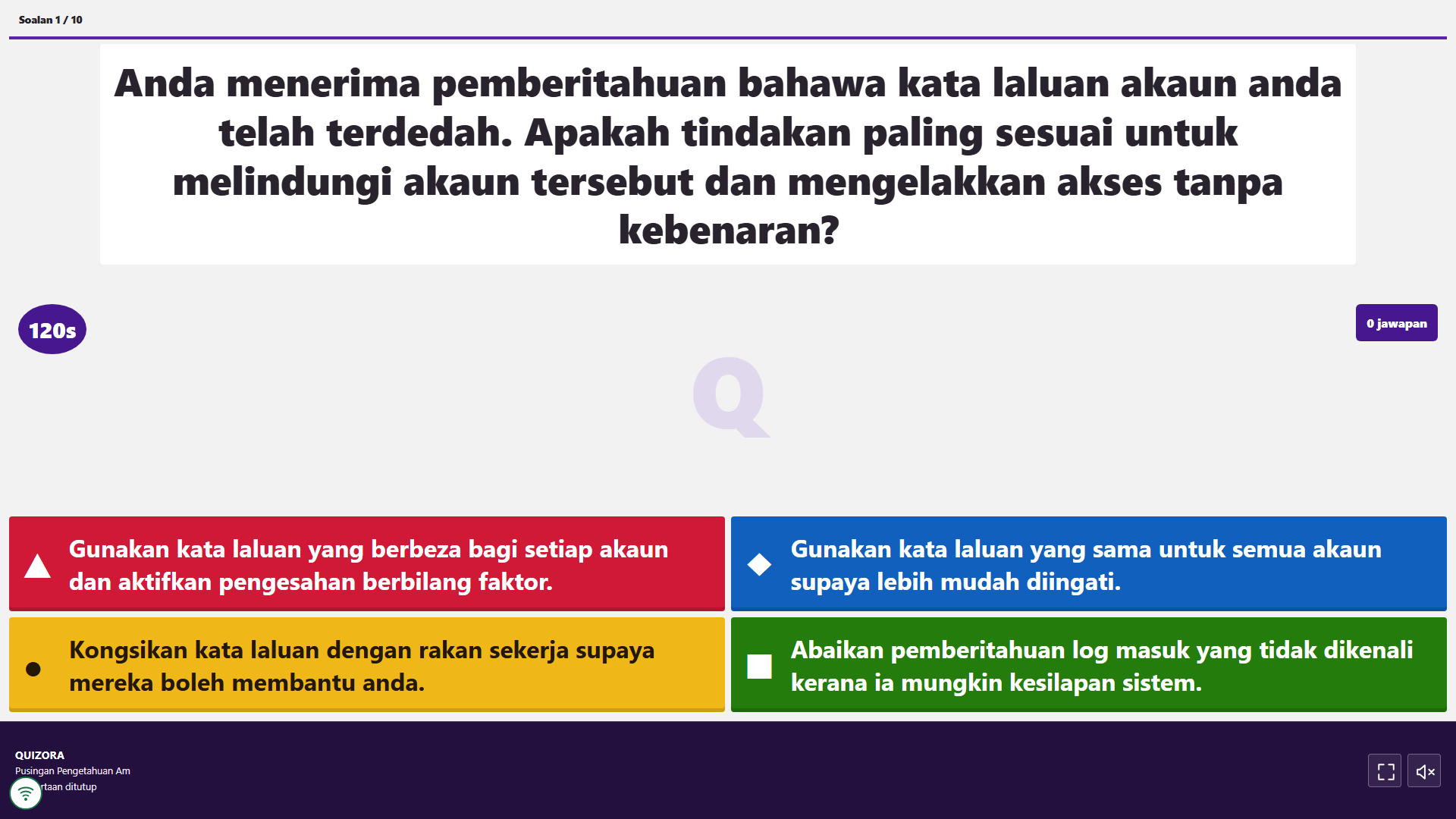 Quizora TV display with a question and coloured answer options